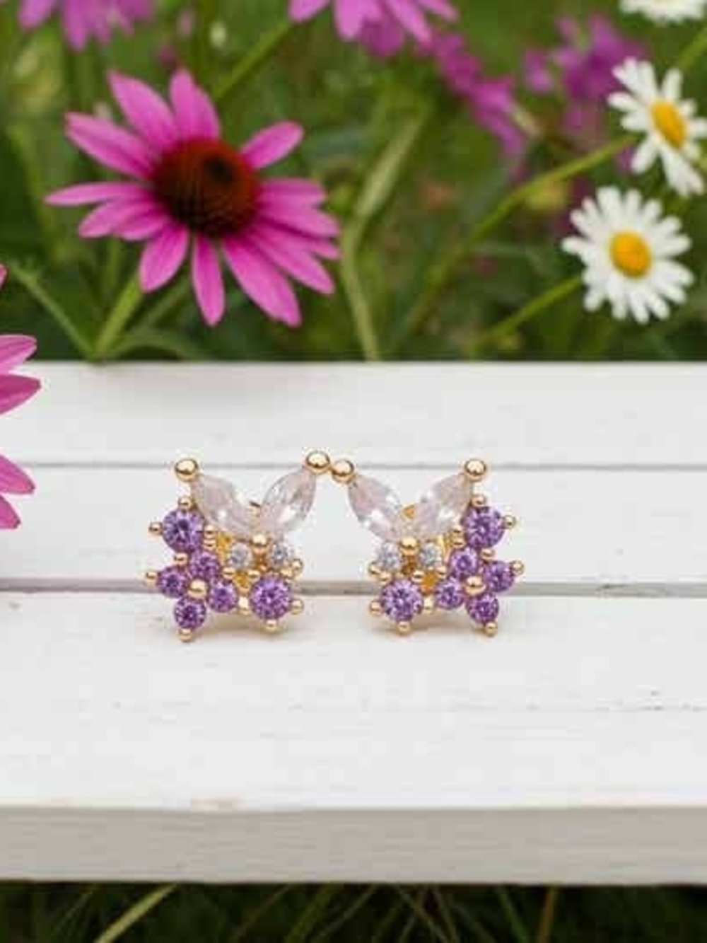 Gold Floral Stud Earrings with Purple Gemstones